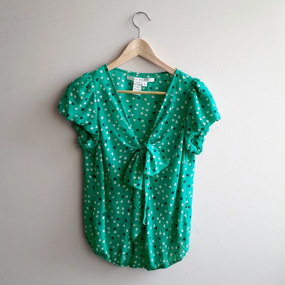 MAX STUDIO Puffy Sleeve Blouse with Bow Detail in Teal Green with Heart Print